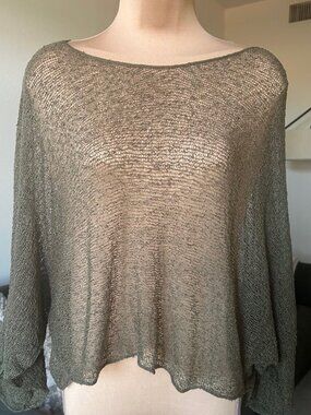 SHU-SHI Olive Green Open Weave Relaxed Fit Poncho Top NWT